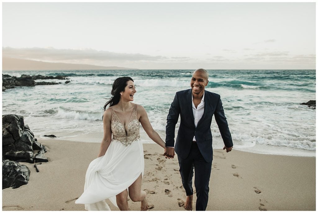 Maui couple getting married eloping running on a beach