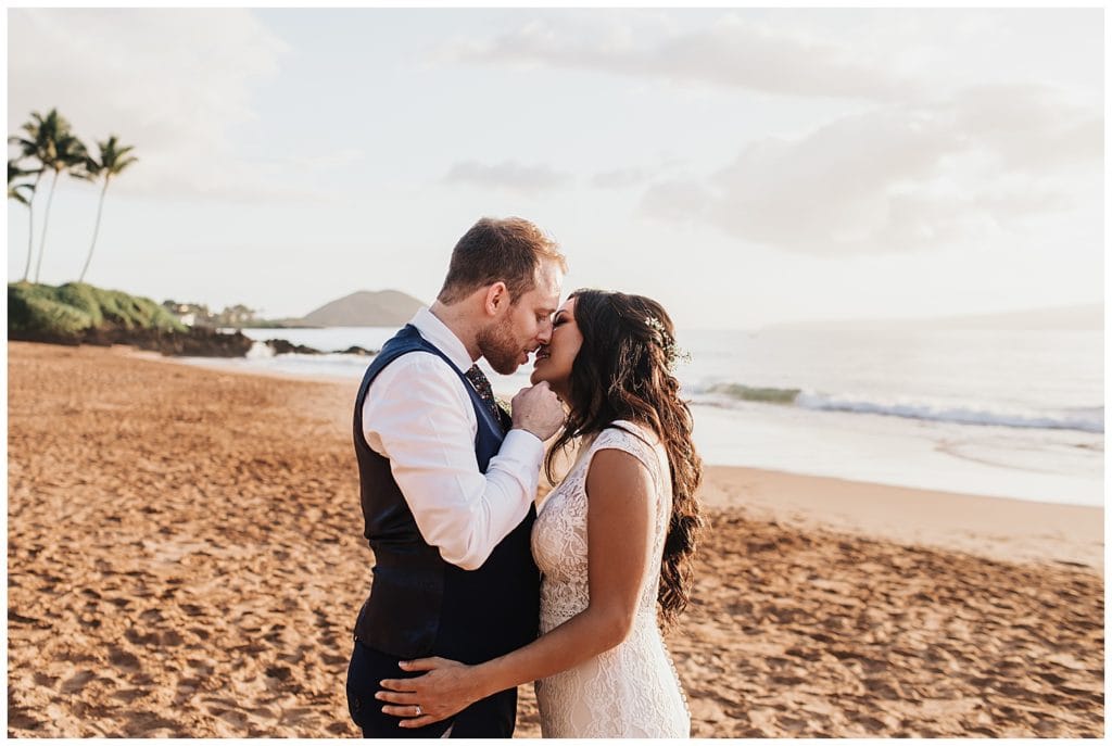Maui Wailea Wedding Bride and Groom kissing on the beach