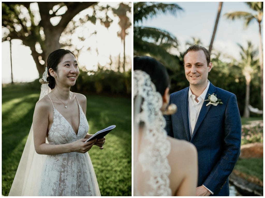 Olowalu Wedding Elopement Photographer picture of bride and groom reading vows to each other