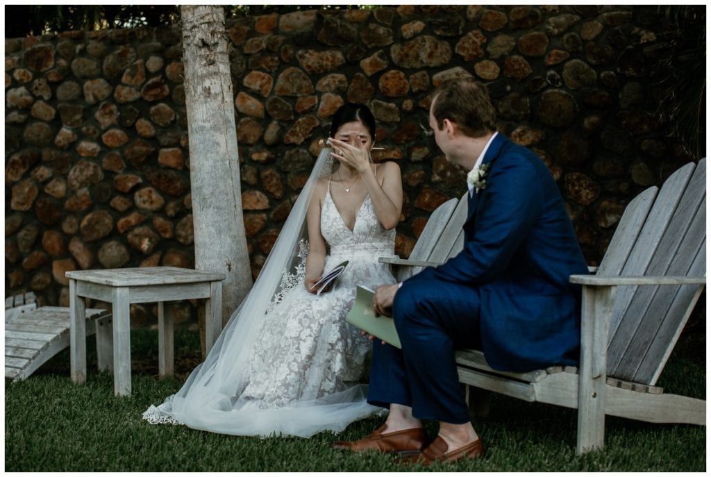 Olowalu Wedding Elopement Photographer picture of bride and groom reading vows to each other
