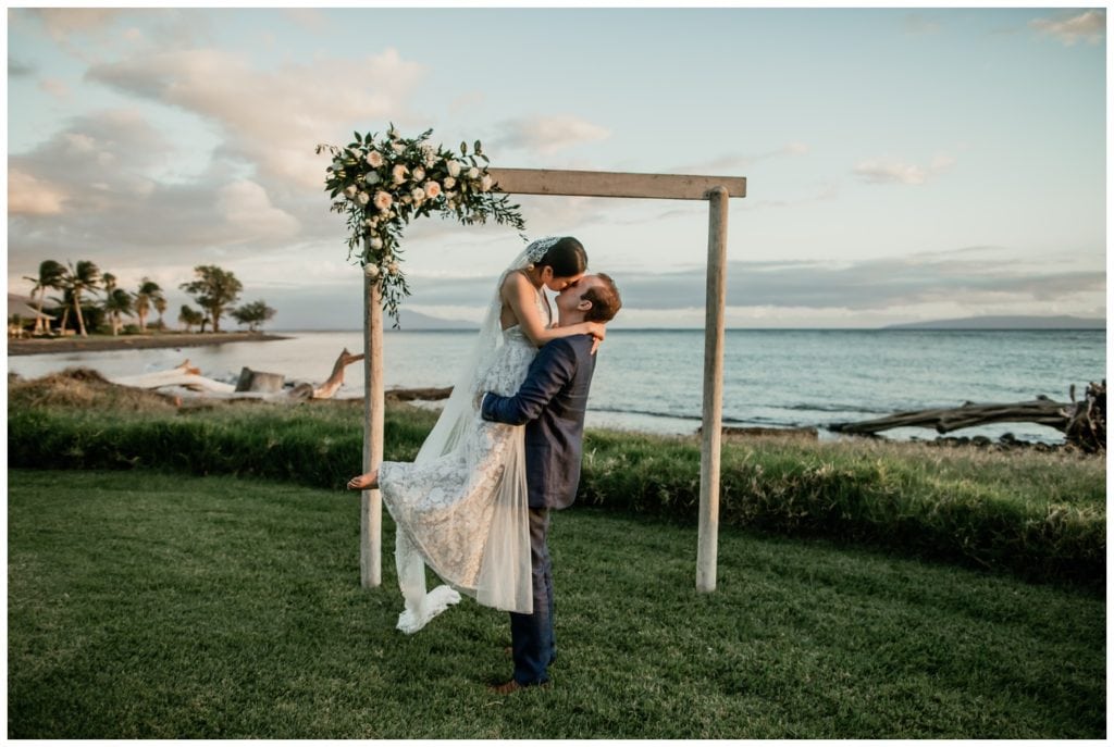 Olowalu Wedding Elopement Photographer picture of bride and groom on their wedding day rental house ceremony location