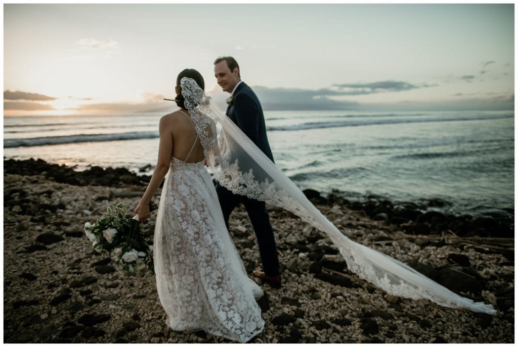 Olowalu Wedding Elopement Photographer picture of bride and groom on their wedding day walking 