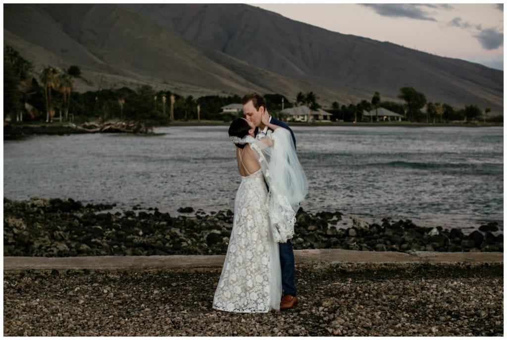 Olowalu Wedding Elopement Photographer picture of bride and groom on their wedding day kissing