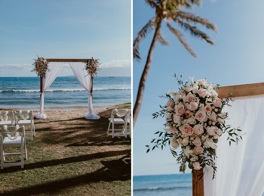Detail shot of outdoor beach Ceremony area with pink rose arch