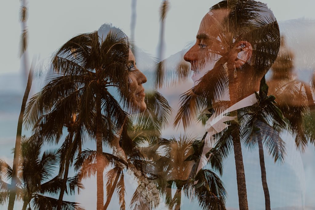 Photo gradient of Bride and Groom looking at each other and palm trees