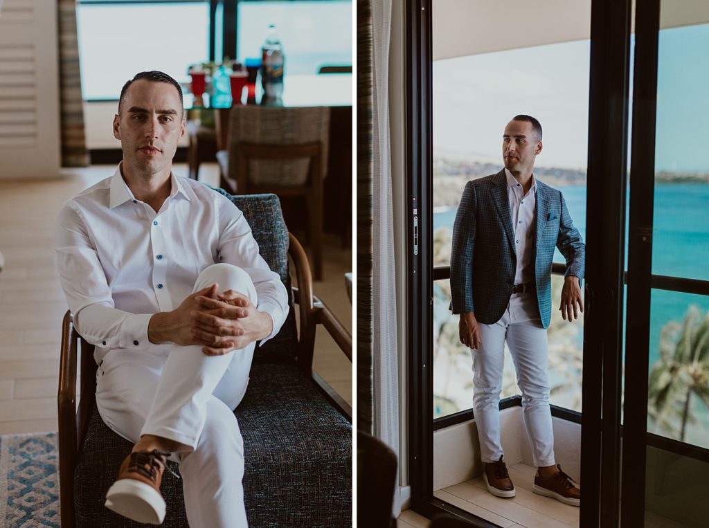 Portraits of Groom sitting and leaning on balcony