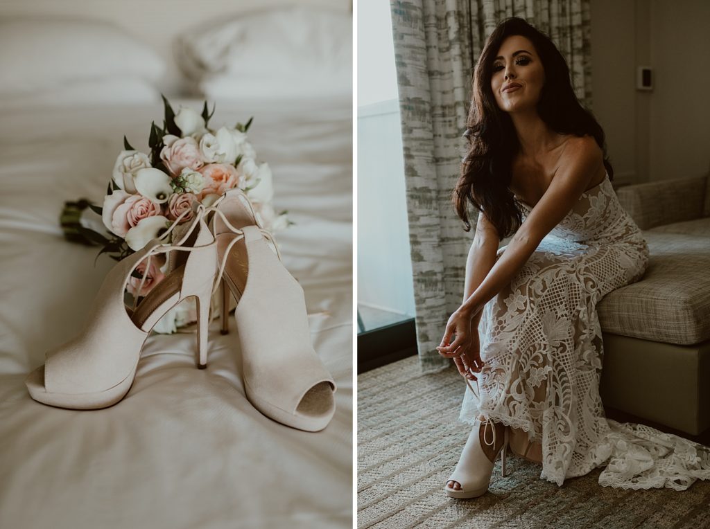 Detail shot of wedding heels and Bride tying heels 