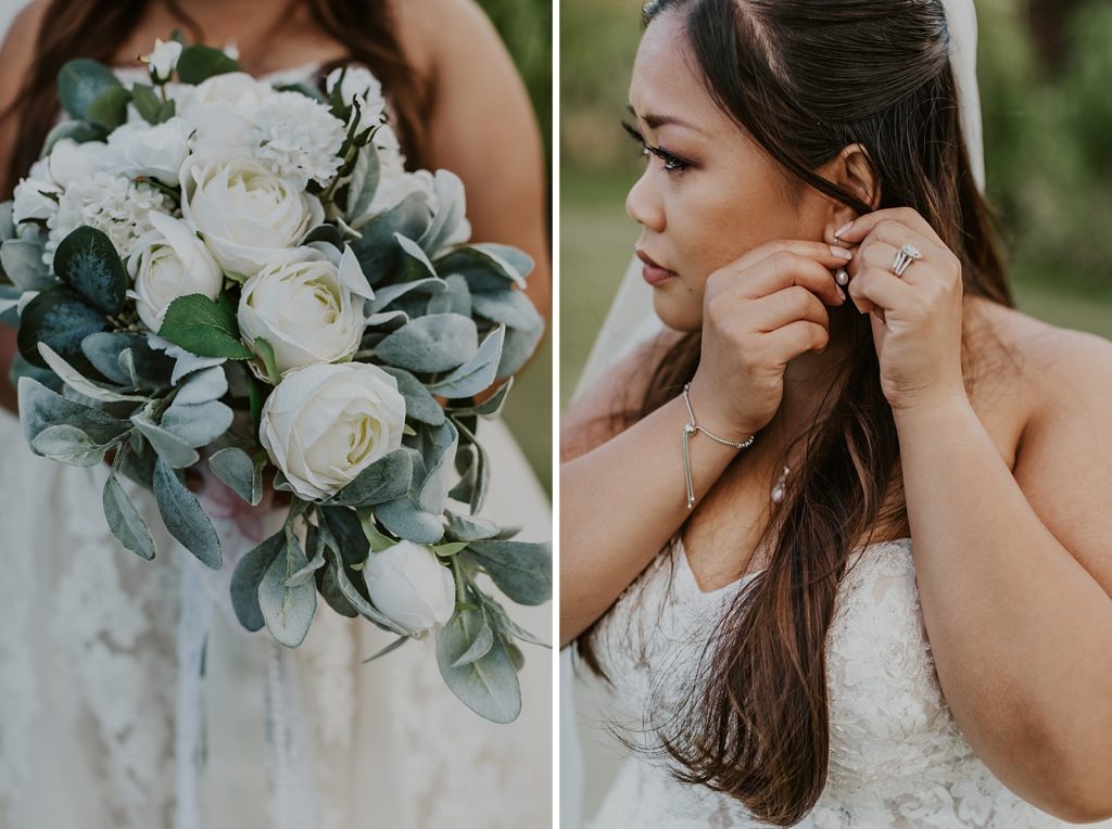 Closeup of Bride holding bouquet and Bride putting earring on