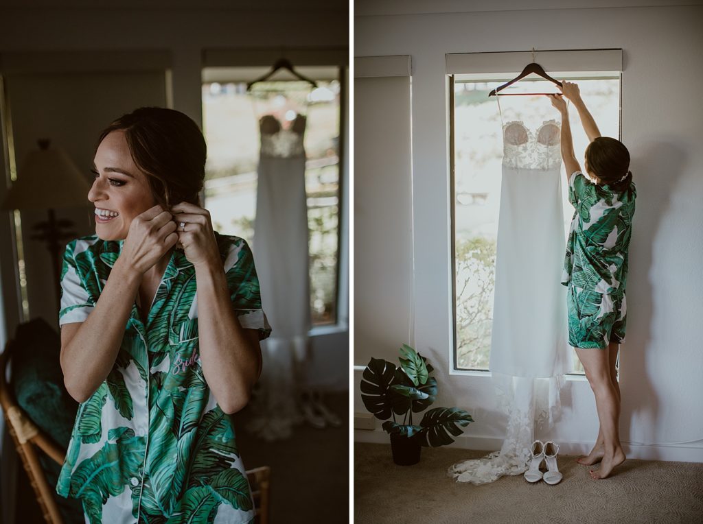 Bride putting on earrings and getting dress down