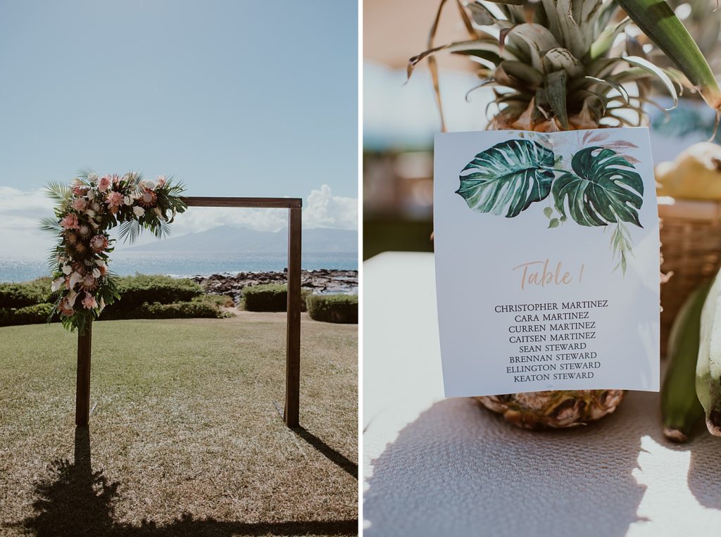 Detail shot of Simple arch with tropical flower decor and pineapple table number 