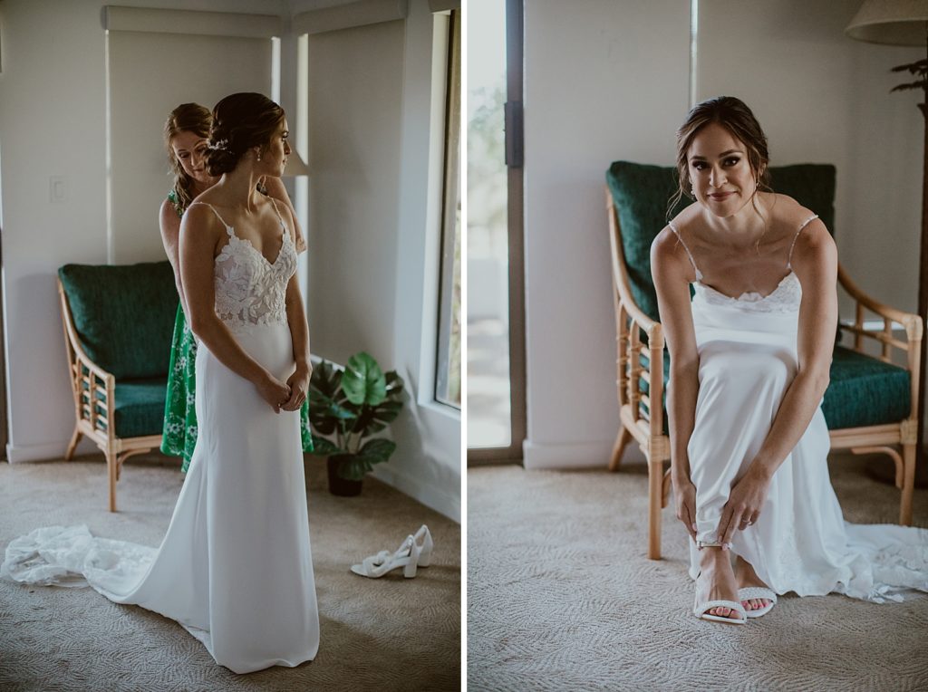 Bride in wedding dress putting on heels