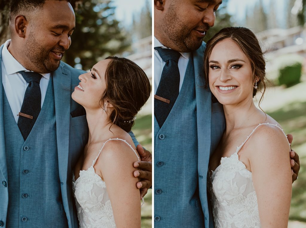 Portraits of Bride holding and looking at Groom