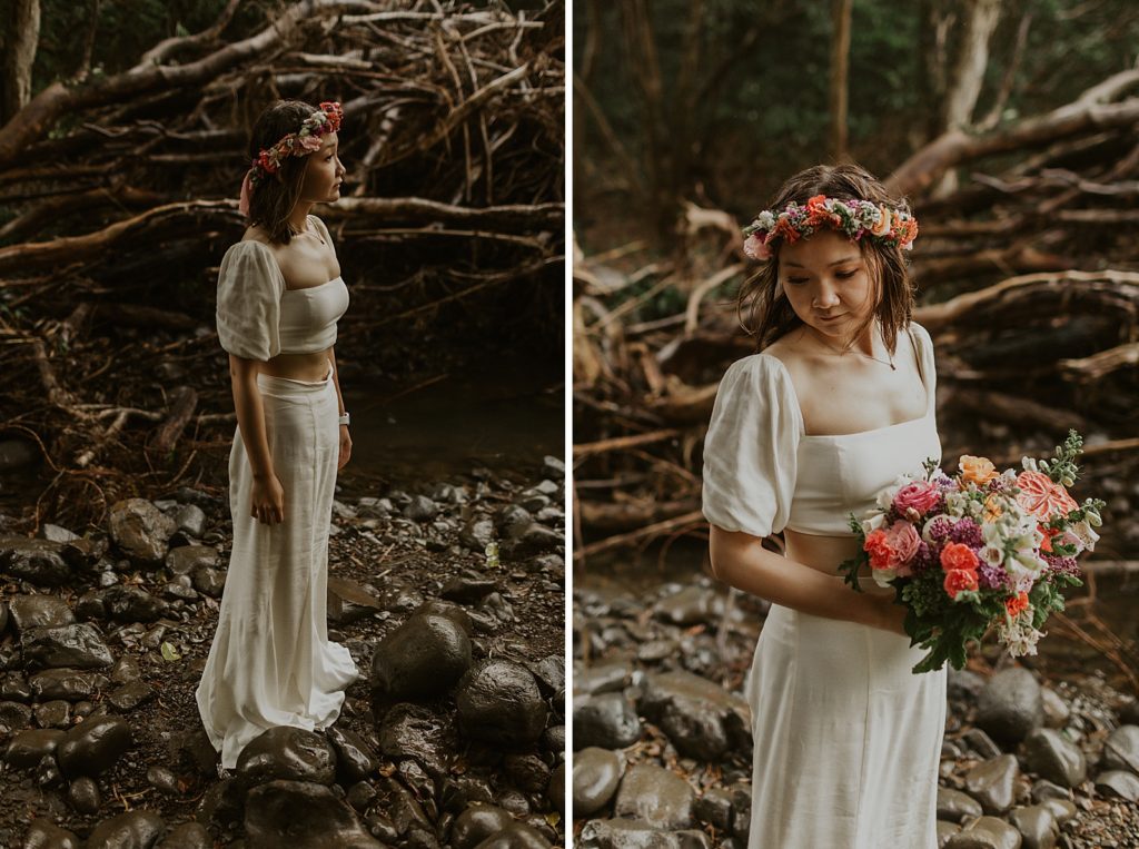 Portraits of Bride in wet forest with floral crown and colorful bouquet
