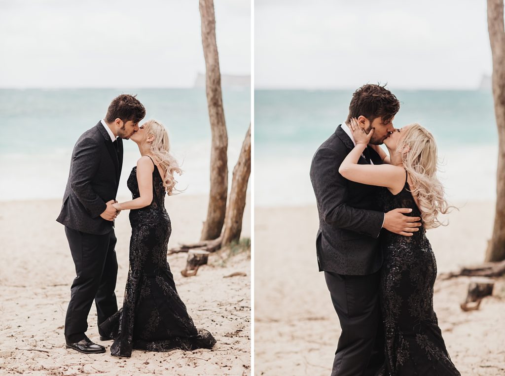 Bride and Groom kissing on the beach after elopement