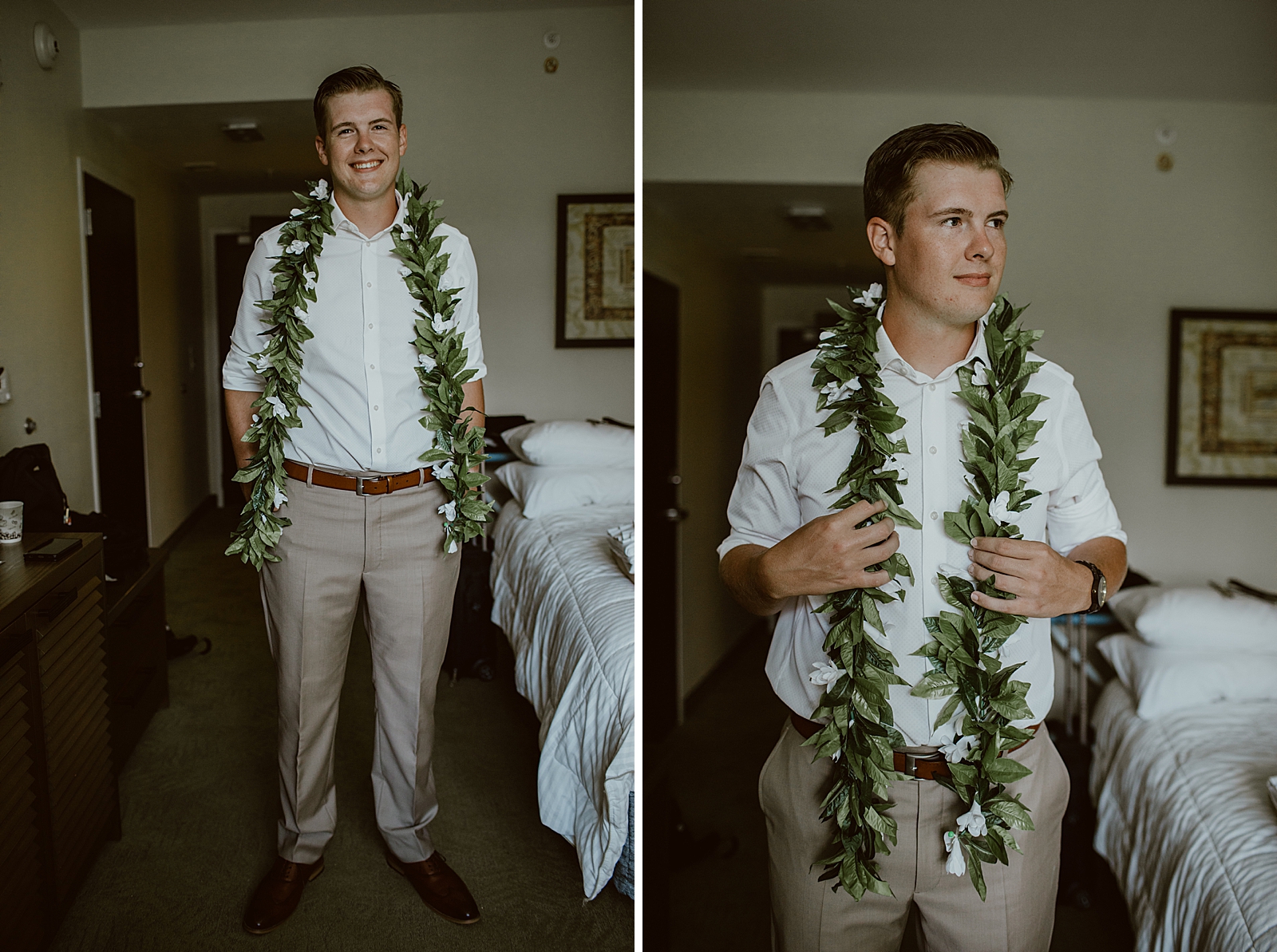 Groom ready with green lei in hotel room
