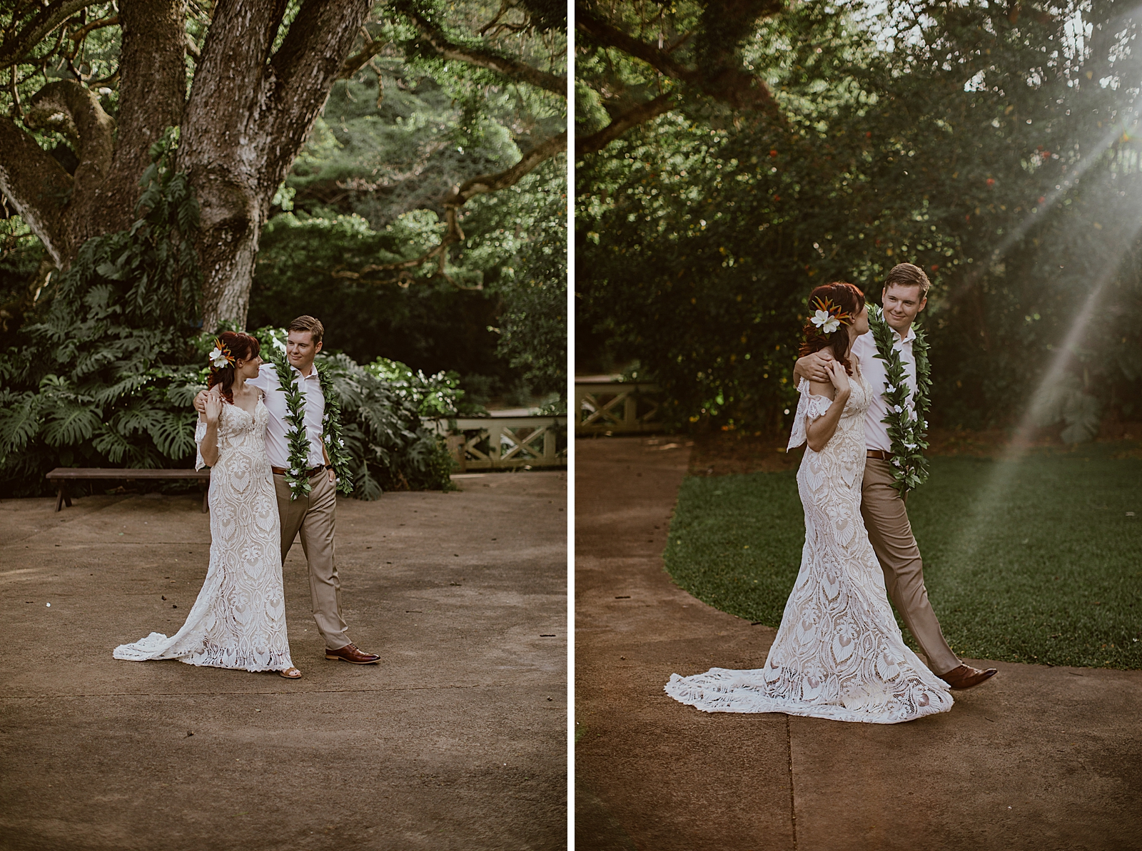 Bride and Groom with their arms around each other walking on sidewalk