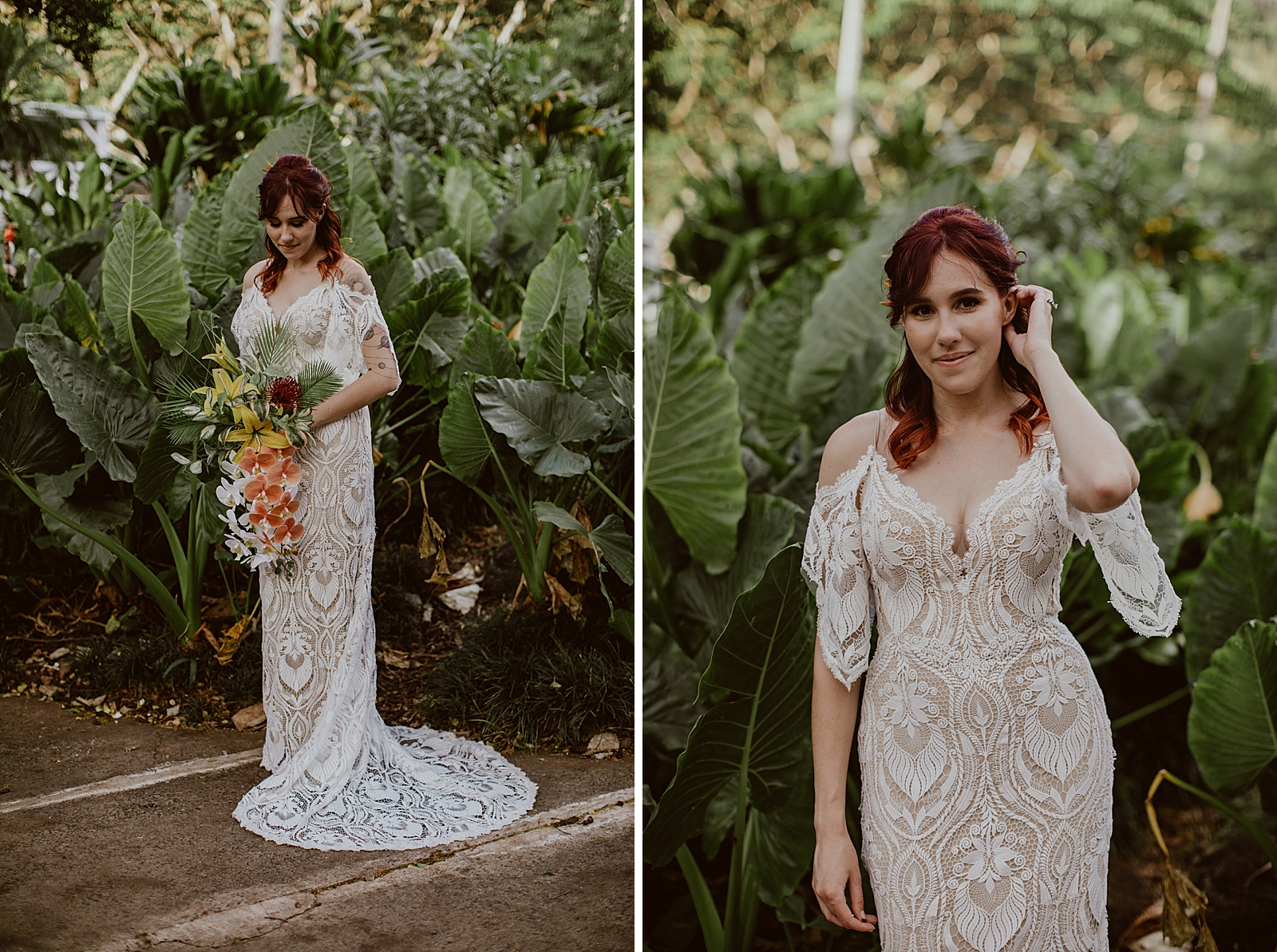 Portrait of Bride with tropical bouquet in front of green leafs