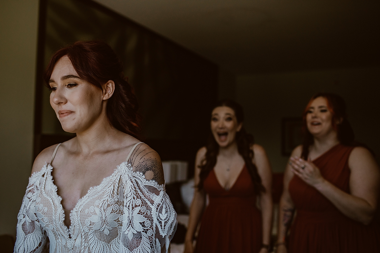 Bridesmaids reaction to seeing Bride in wedding dress