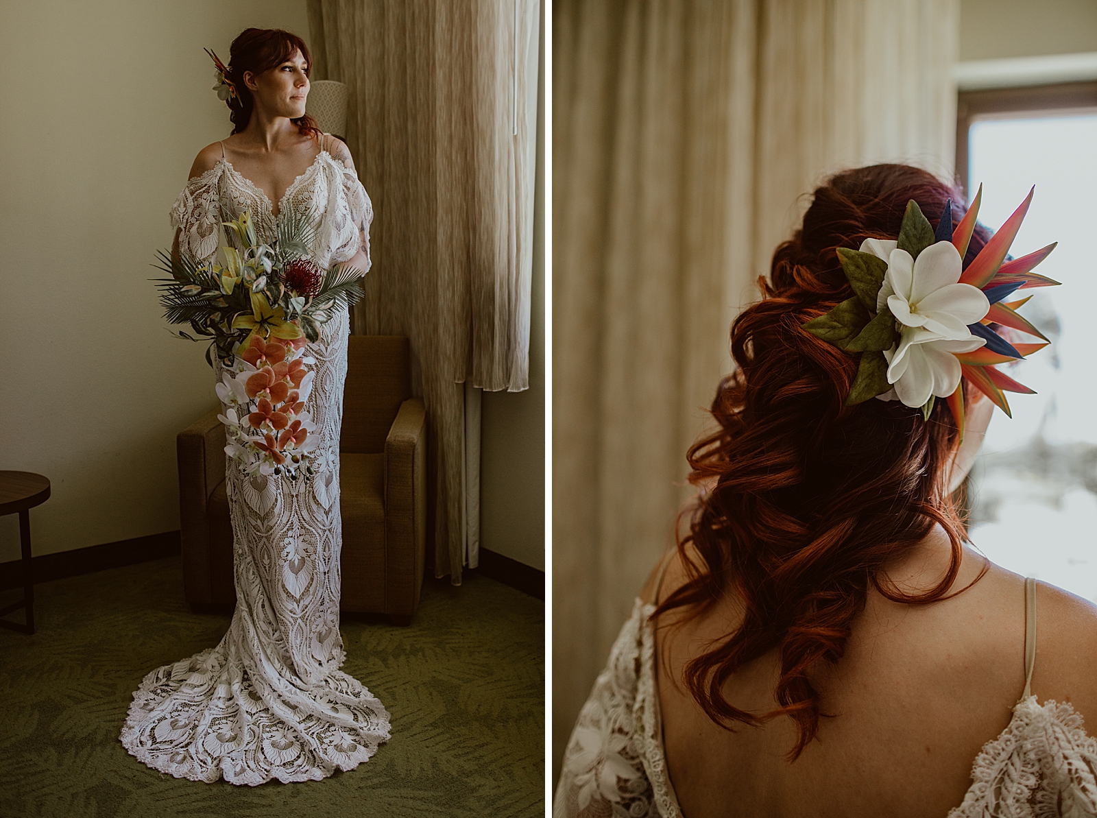 Bride in hotel room with tropical bouquet and tropical floral hair pieces