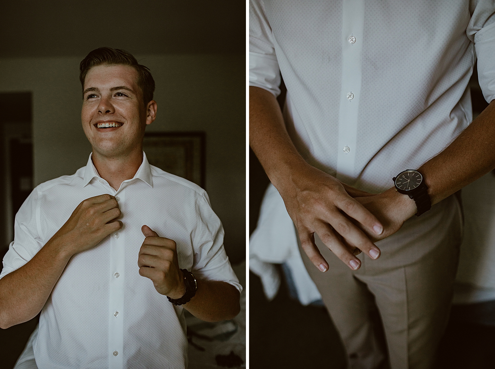 Groom getting ready buttoning shirt