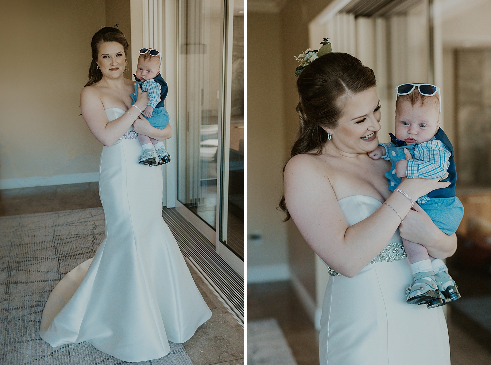 Bride in wedding dress holding baby