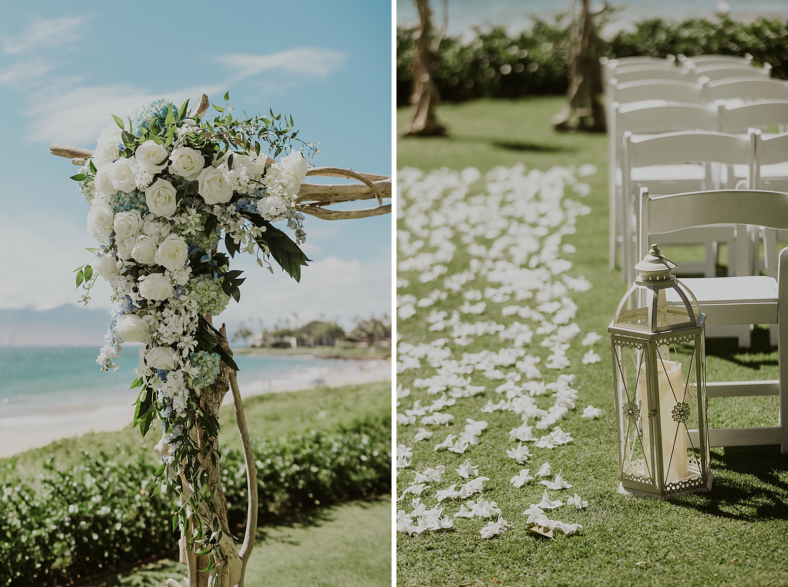 Floral decor on wooden arch and white folding chairs