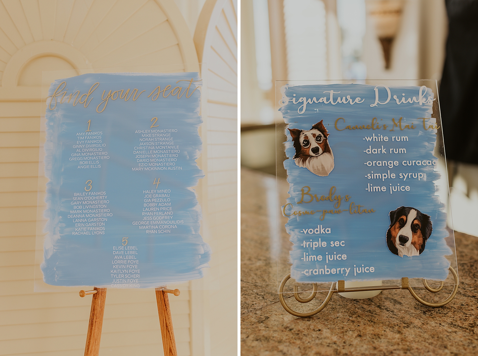 Detail shot of guest list sign for table numbers and Dog themed signature drinks sign