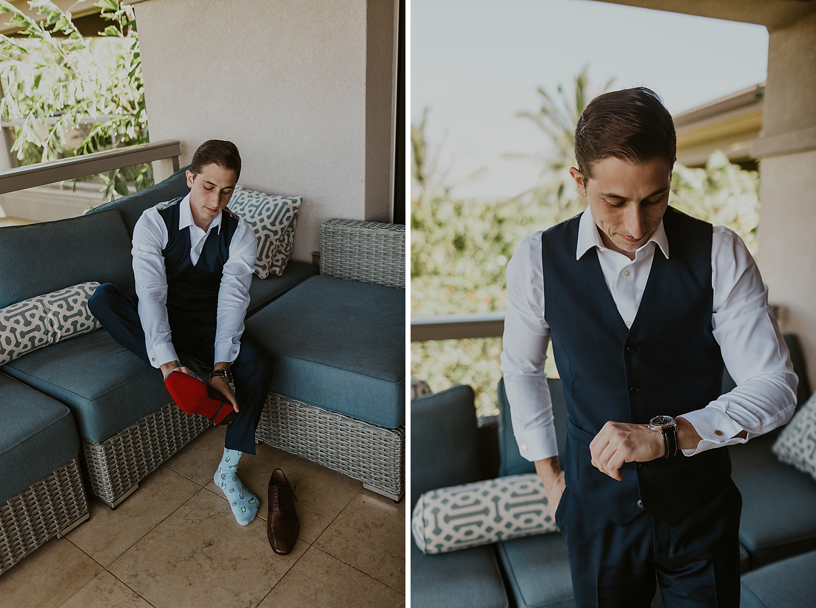 Groom out sitting on couch putting on shoes