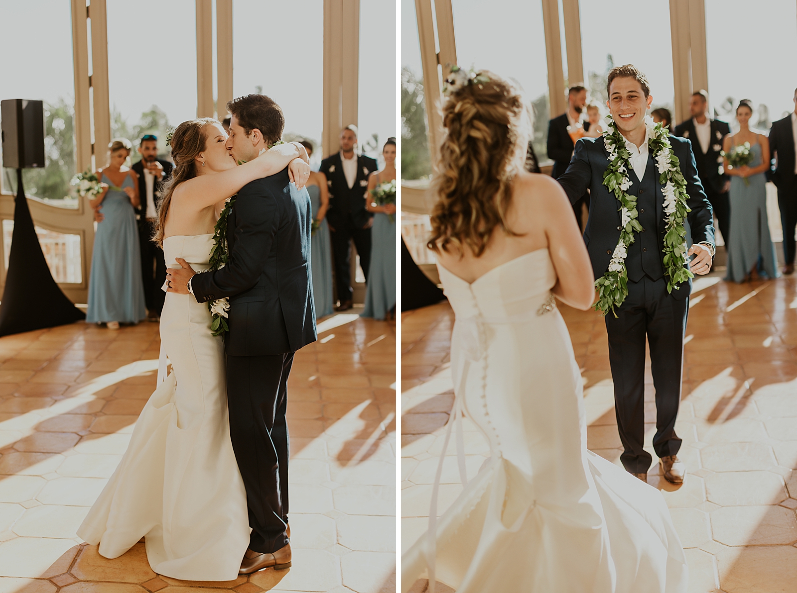 Bride and Groom kissing during First dance with guests watching