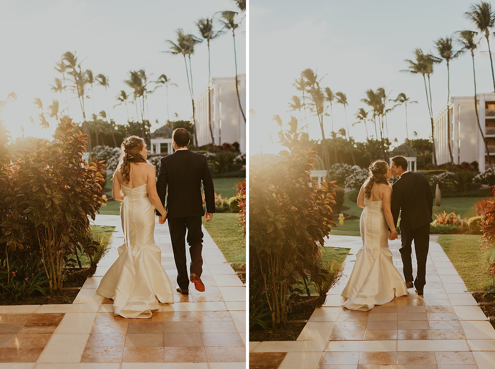 Bride and Groom holding hands with the sun setting as they walk on tile path 