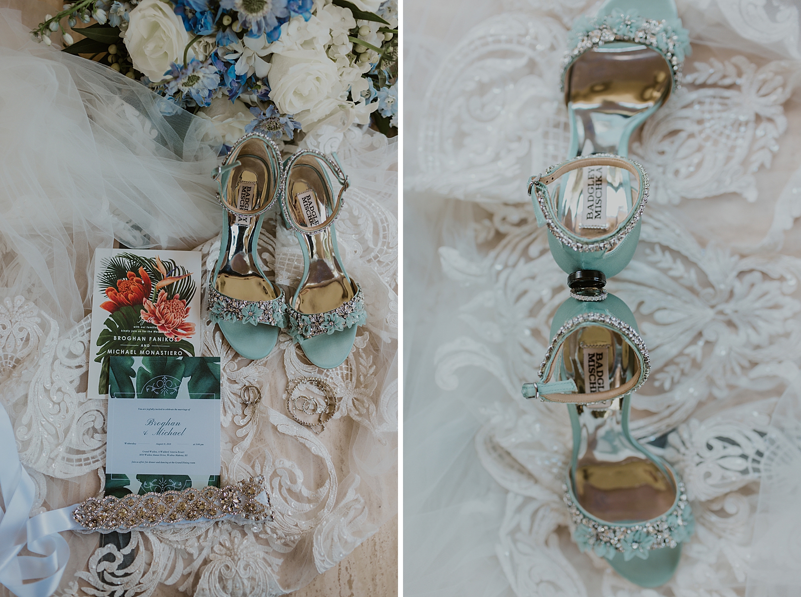 Detail shot of turquoise wedding heels and invitations on dress