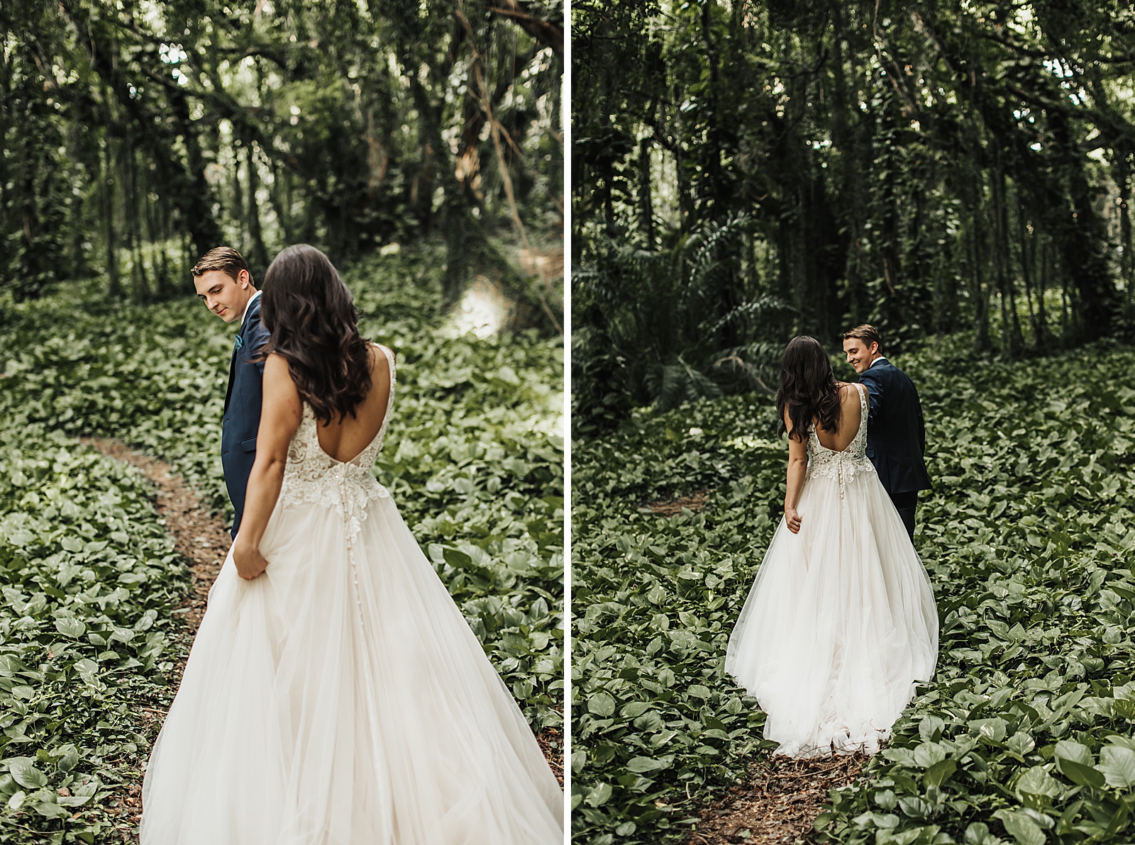 Groom holding Bride's hand and leading her through green bushes