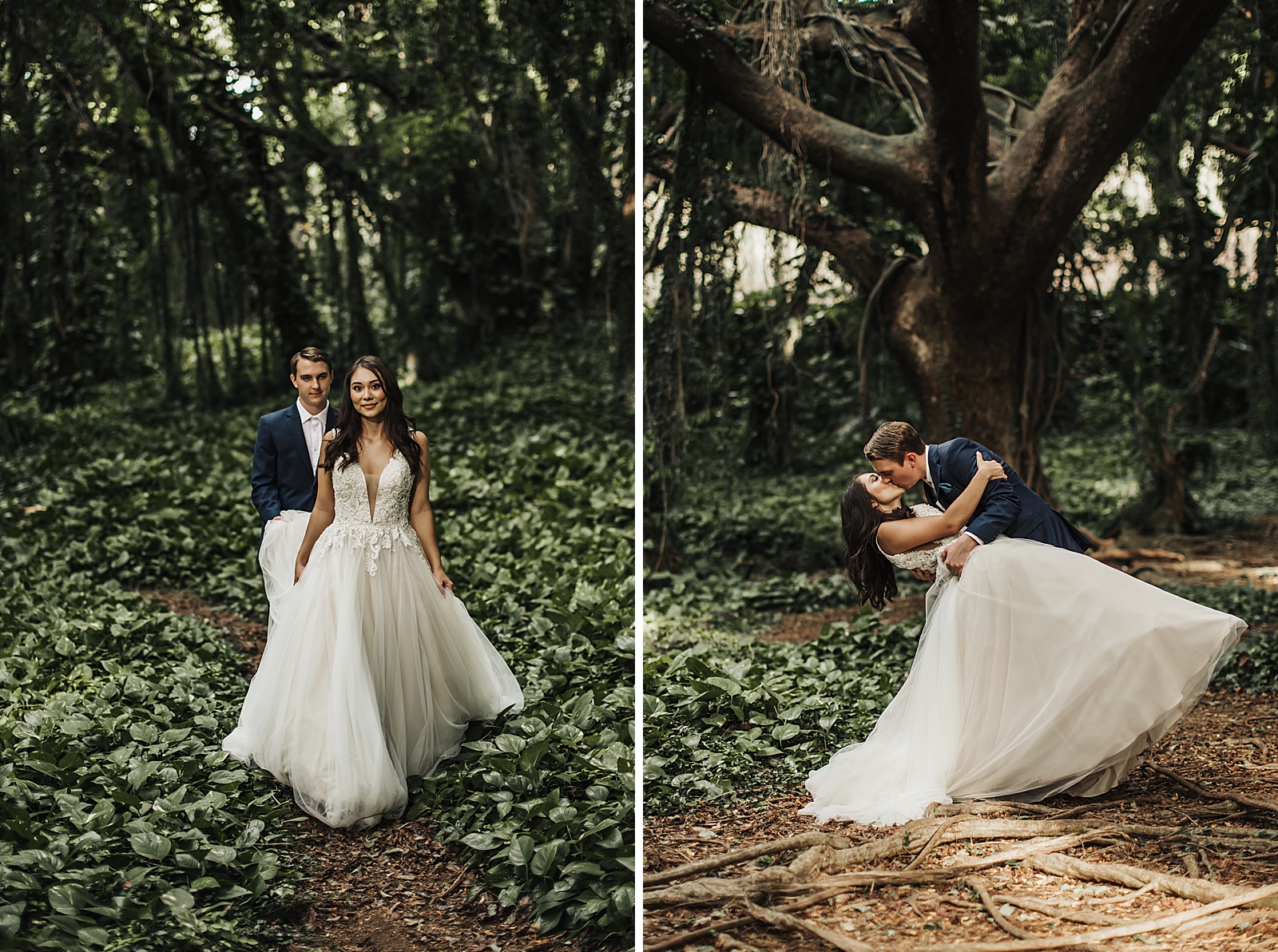 Bride and Groom kissing ad dipping by tree and greenery