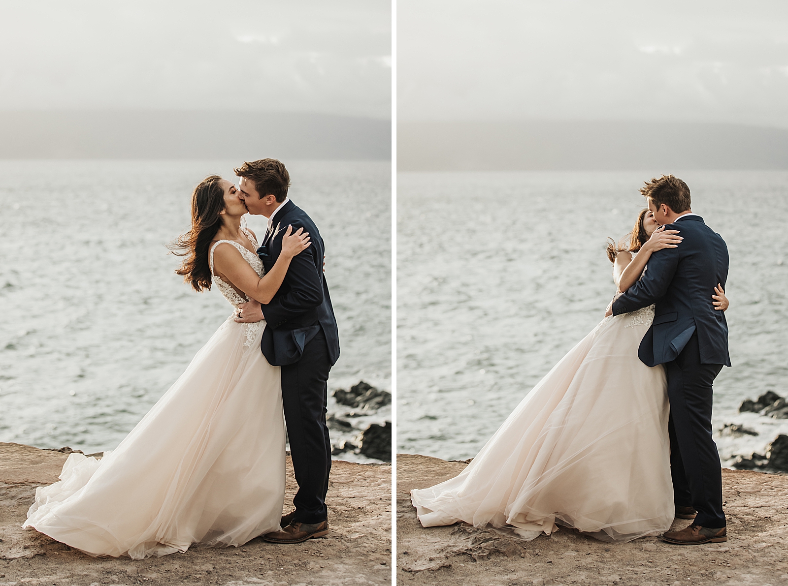 Just Eloped Bride and Groom kissing by the sea