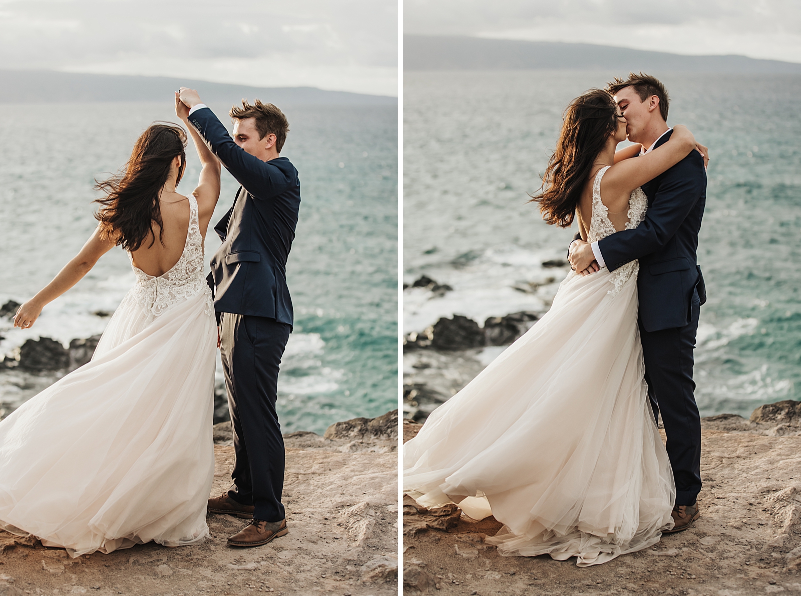 Bride twirling close holding Groom's hand by the ocean