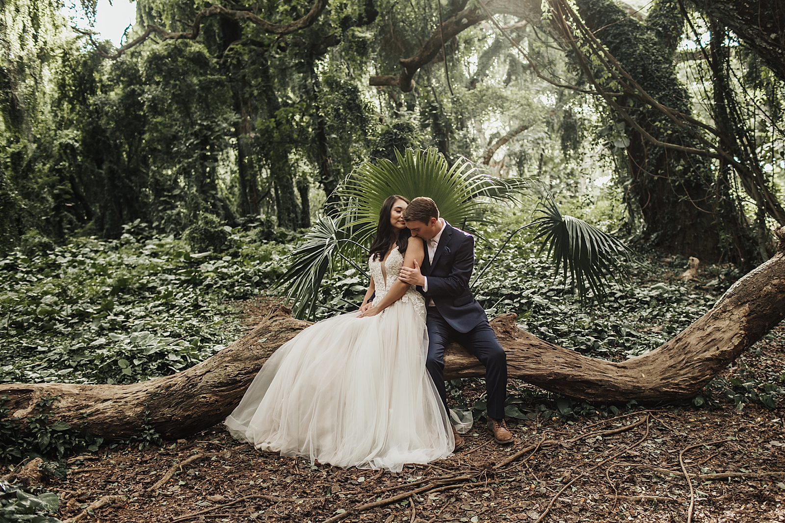 Bride and Groom sitting on fallen tree trunk and nuzzling close together