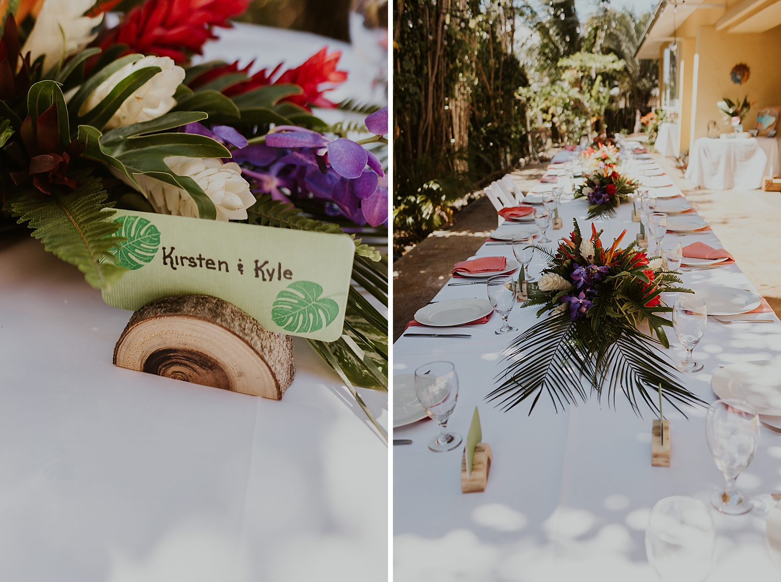 Detail shot of Bride and Groom name on sweetheart table and long rectangle table with tropical centerpieces