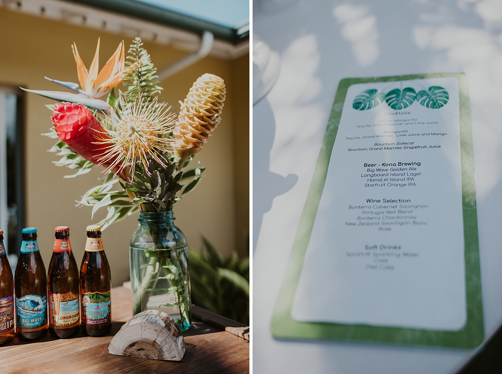 Detail shot of tropical bouquet with beers next to it and tropical wedding menu