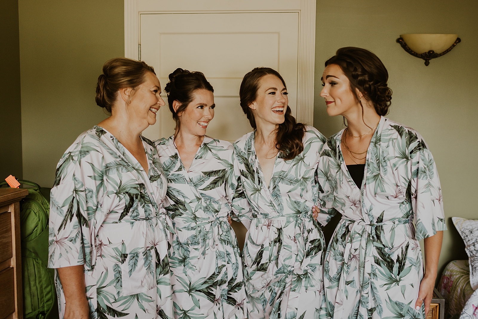 Bride with Bridesmaids in tropical robes before getting ready