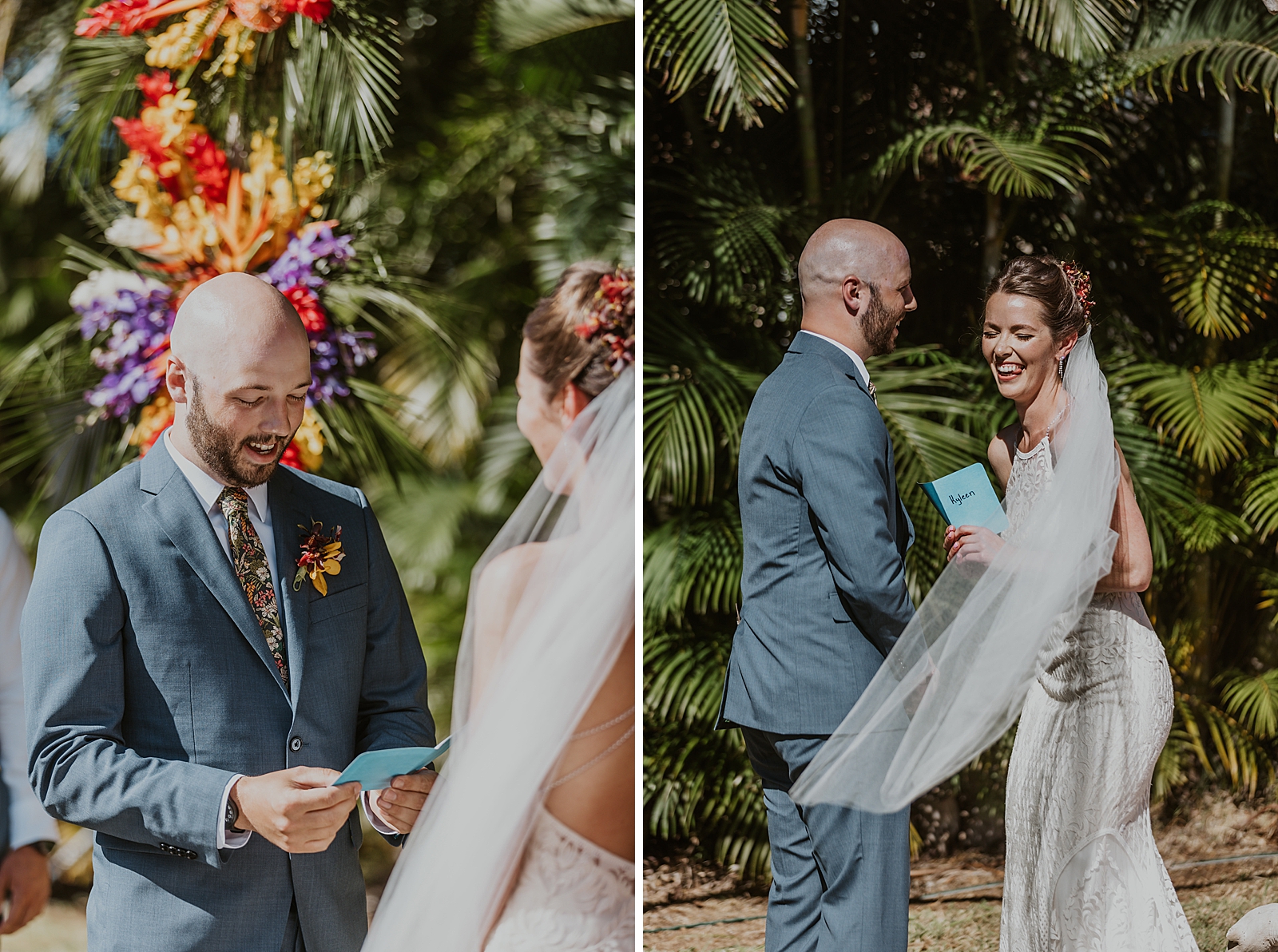 Bride and Groom giving vows and laughing together outside by tropical greenery Ceremony