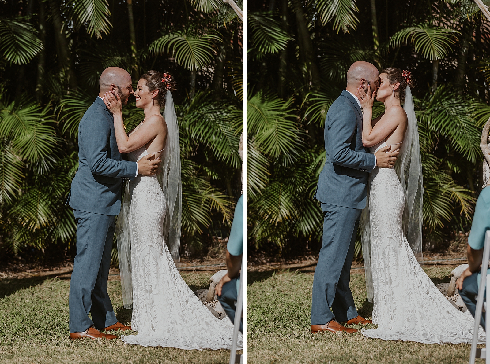 Bride and Groom holding each other by greenery and kissing each other for outdoor Ceremony