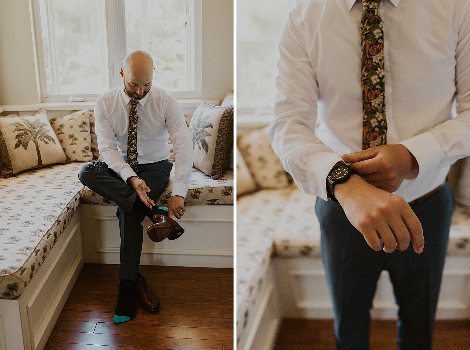 Groom getting ready putting shoes on and adjusting cuff