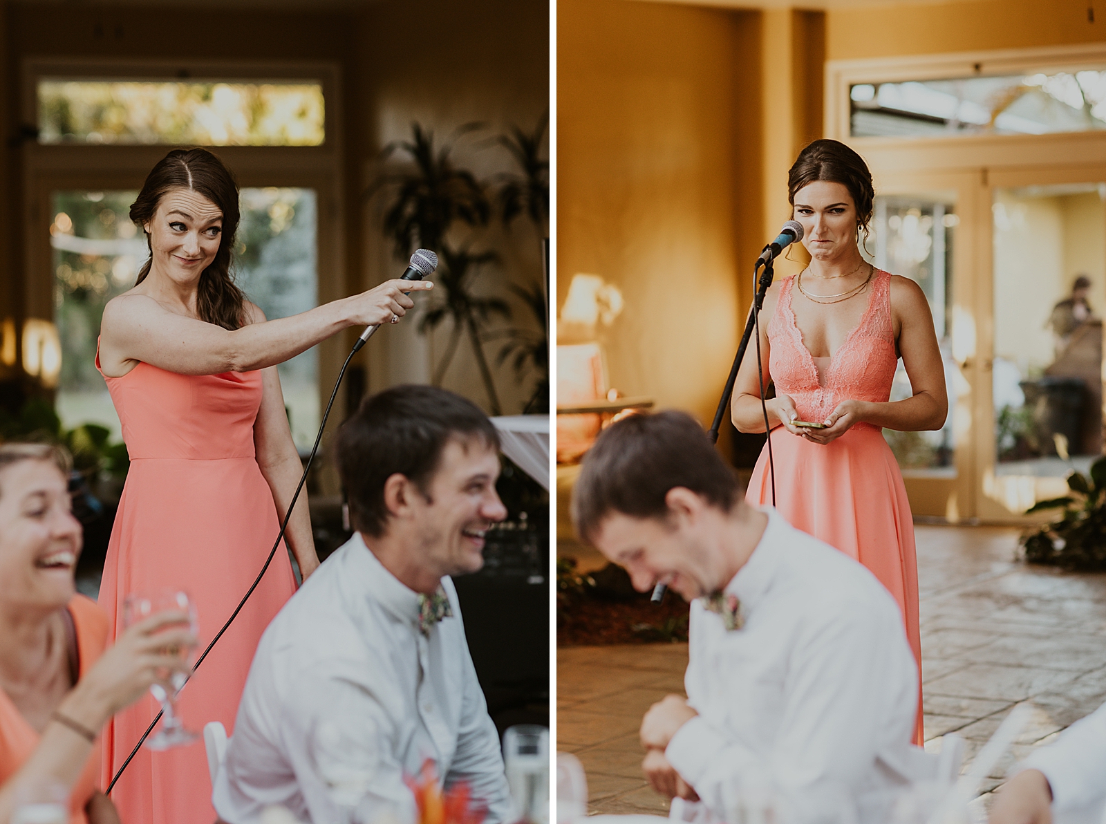 Bridesmaids giving speeches at Wedding Reception with laughter