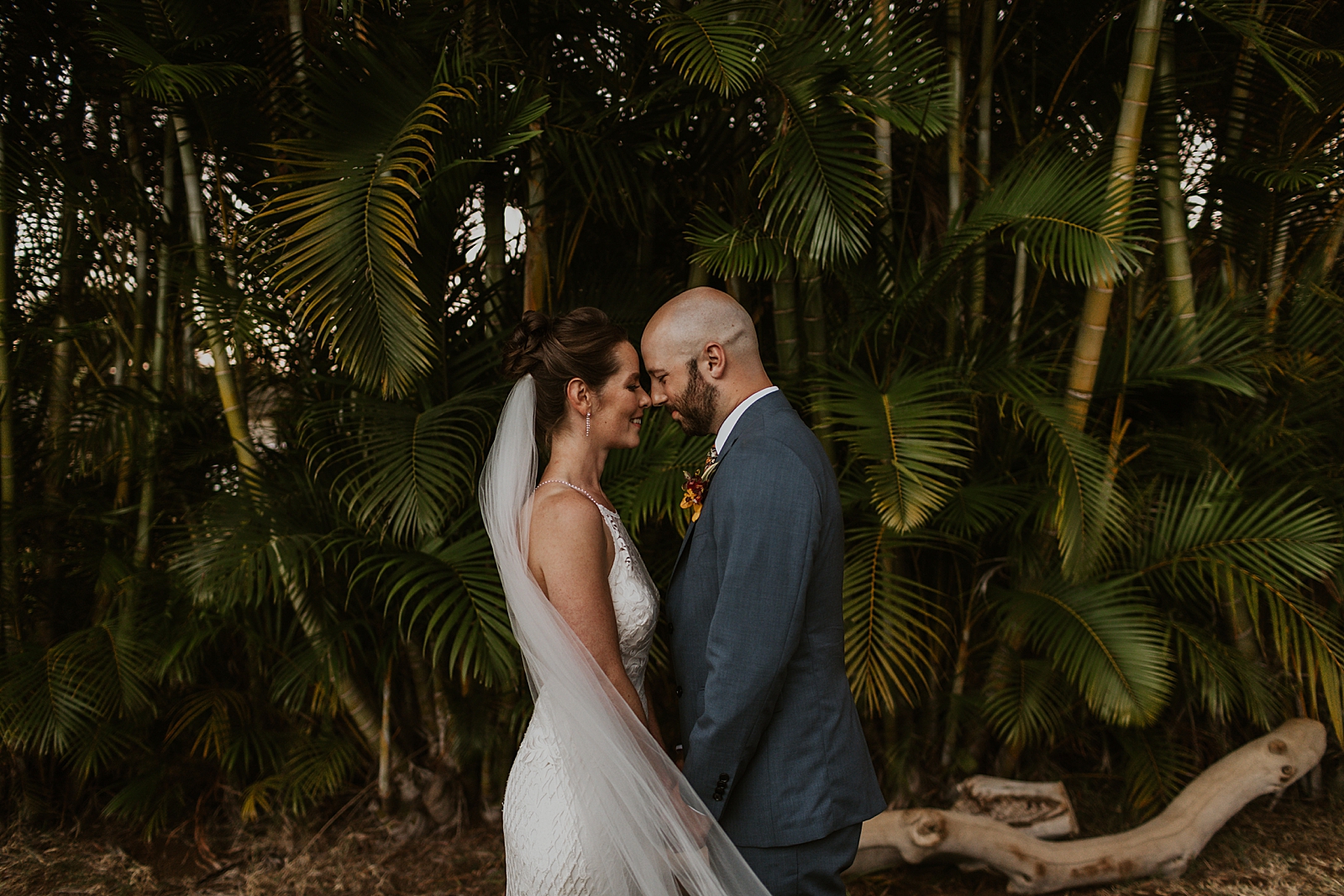 Bride and Groom touching noses by palm trees