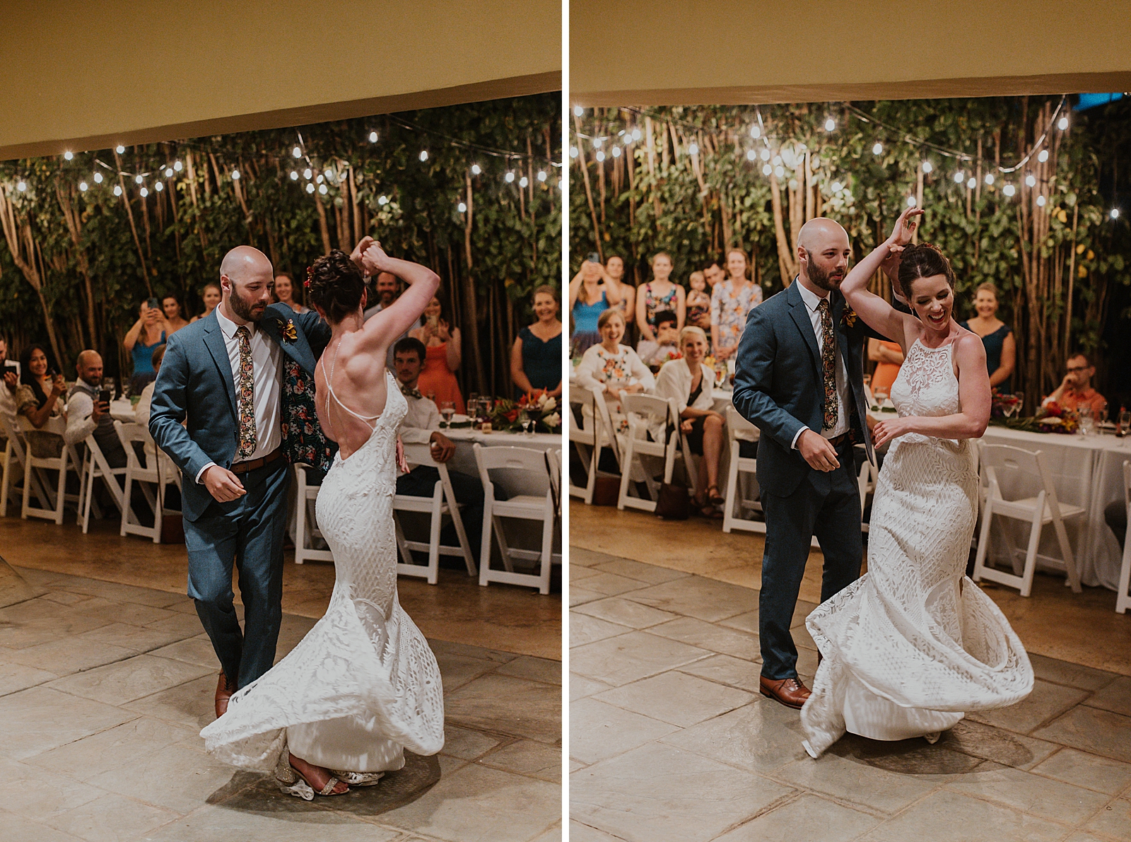Bride twirling by Groom's hand for outdoor Reception
