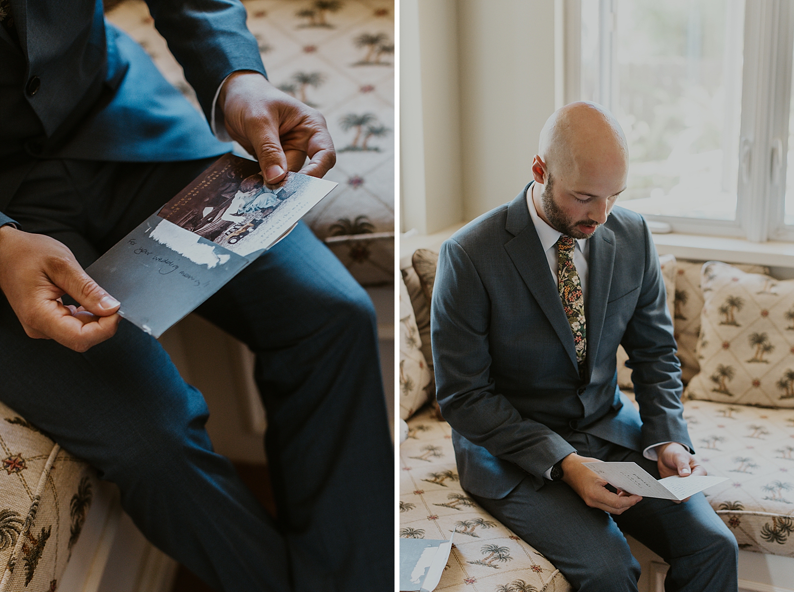 Groom opening card from Bride while sitting on couch