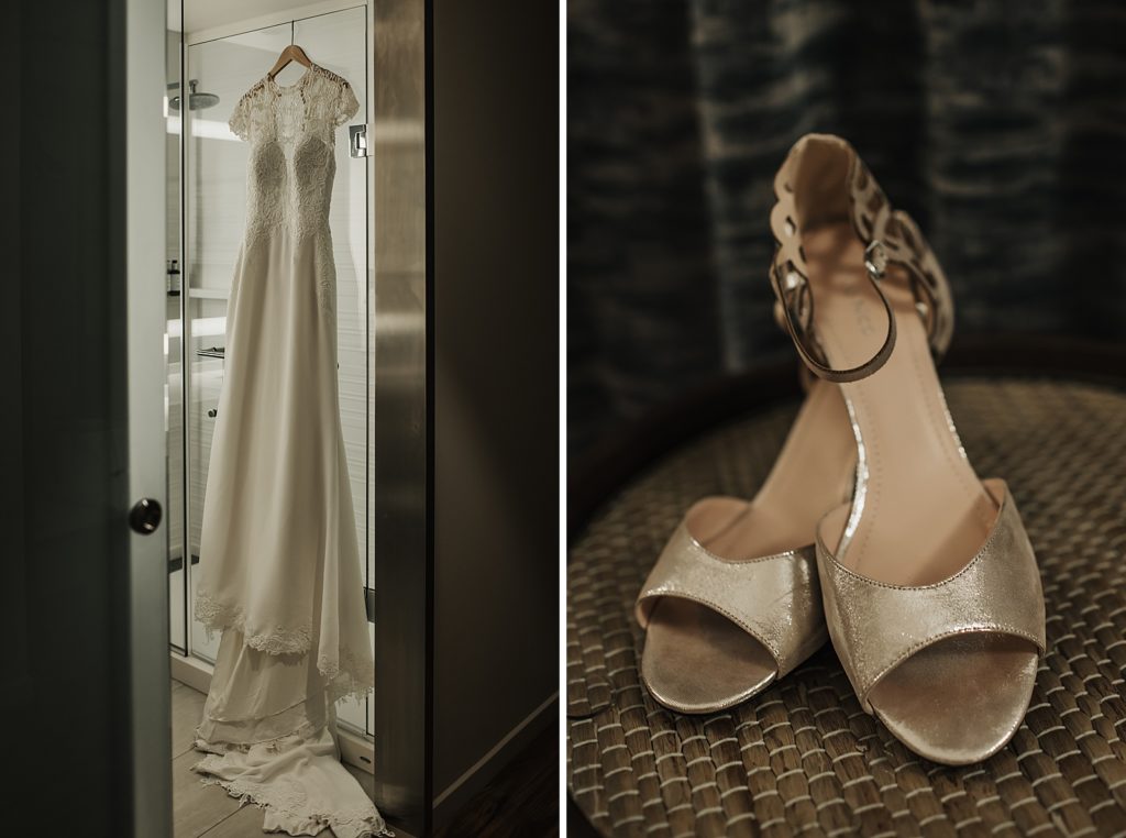 Wedding dress hanging in bathroom and detail shot of wedding heels