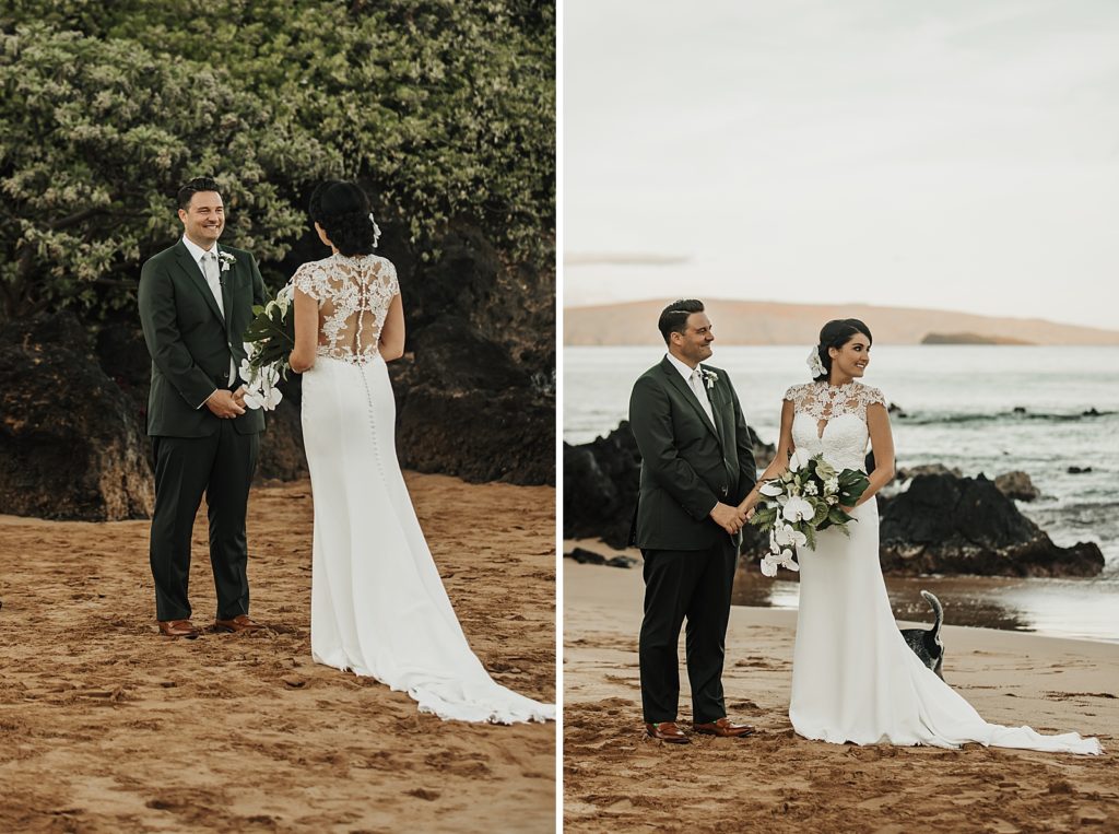 Bride and Groom facing each other on the sand by the ocean