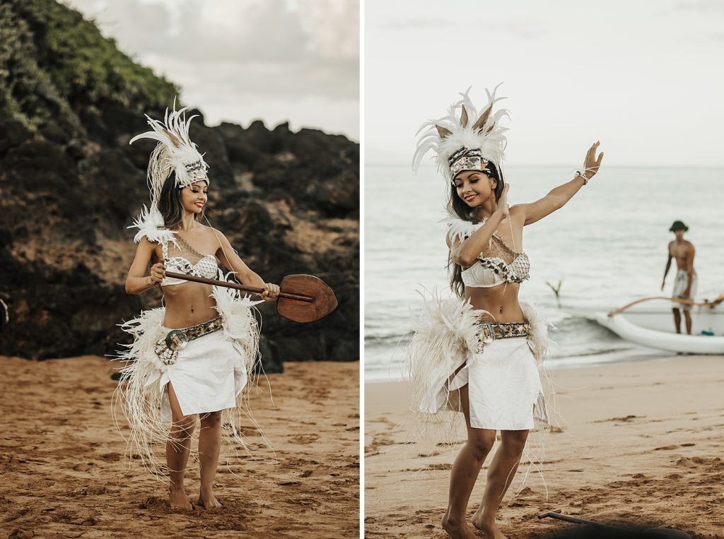 Woman in Hawaiian garb dancing on the beach