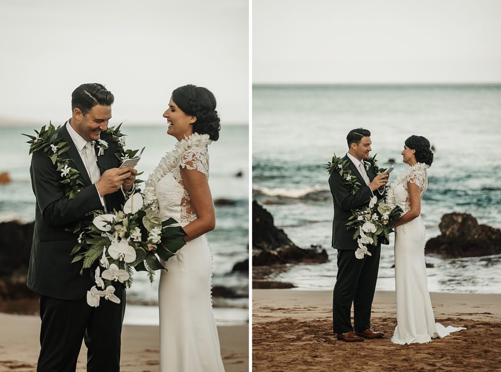 Groom reading vows to Bride on the sand of the beach